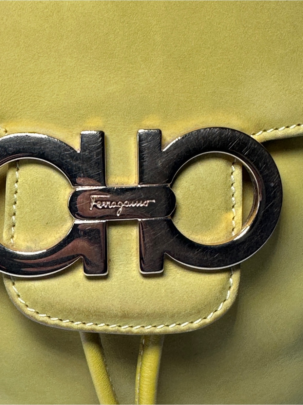 Auth Salvatore Ferragamo Yellow Suede Gancini Backpack Drawstring Vintage - Picture 4 of 7